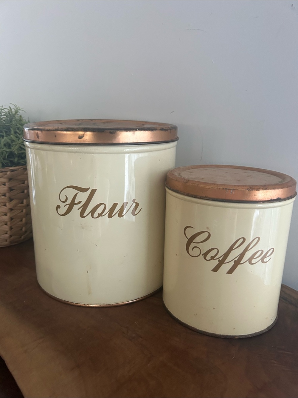 Vintage Rustic Cream Flour & Coffee Tin Canister Set with Copper Lids